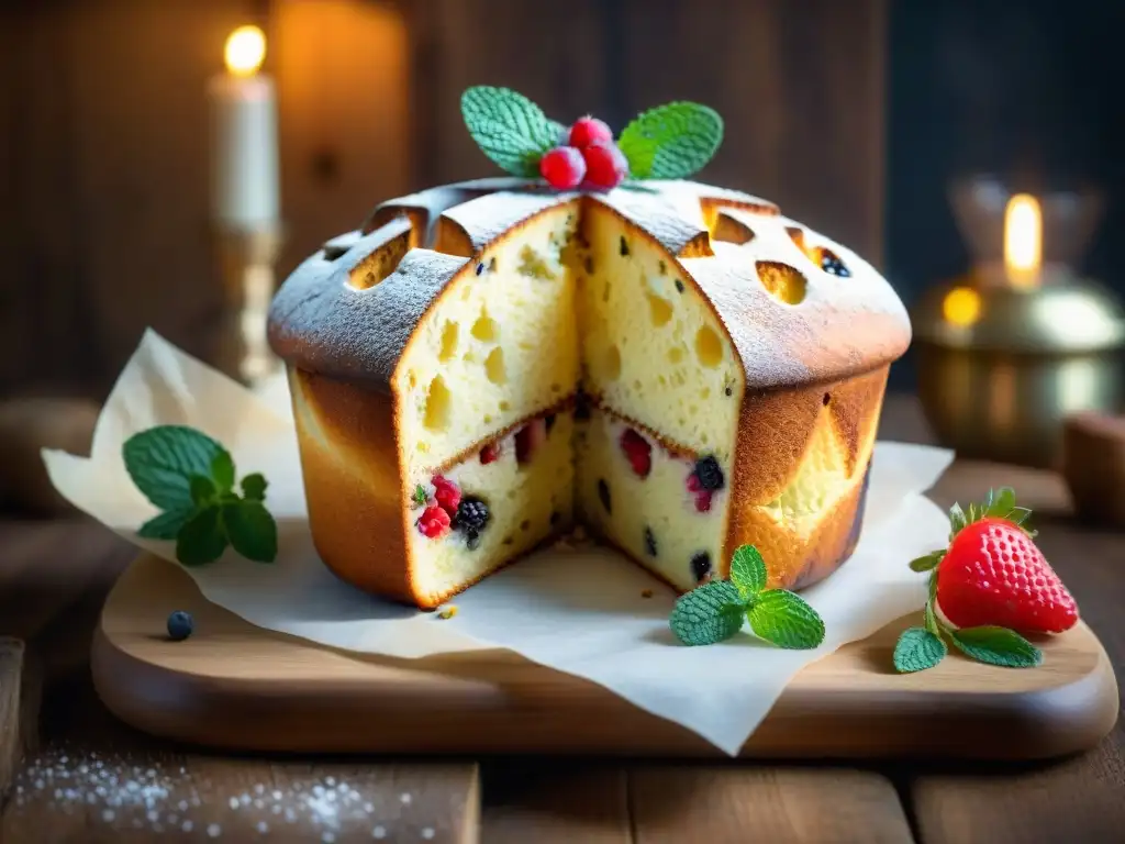 Delicioso Panettone sin gluten en Navidad, decorado con frutas y menta en mesa rústica iluminada