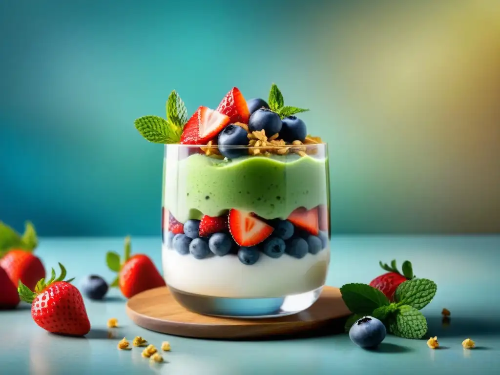 Delicioso parfait vegano con toppings para yogur sin gluten: fresas, arándanos, kiwi y coco tostado, irresistible y refrescante