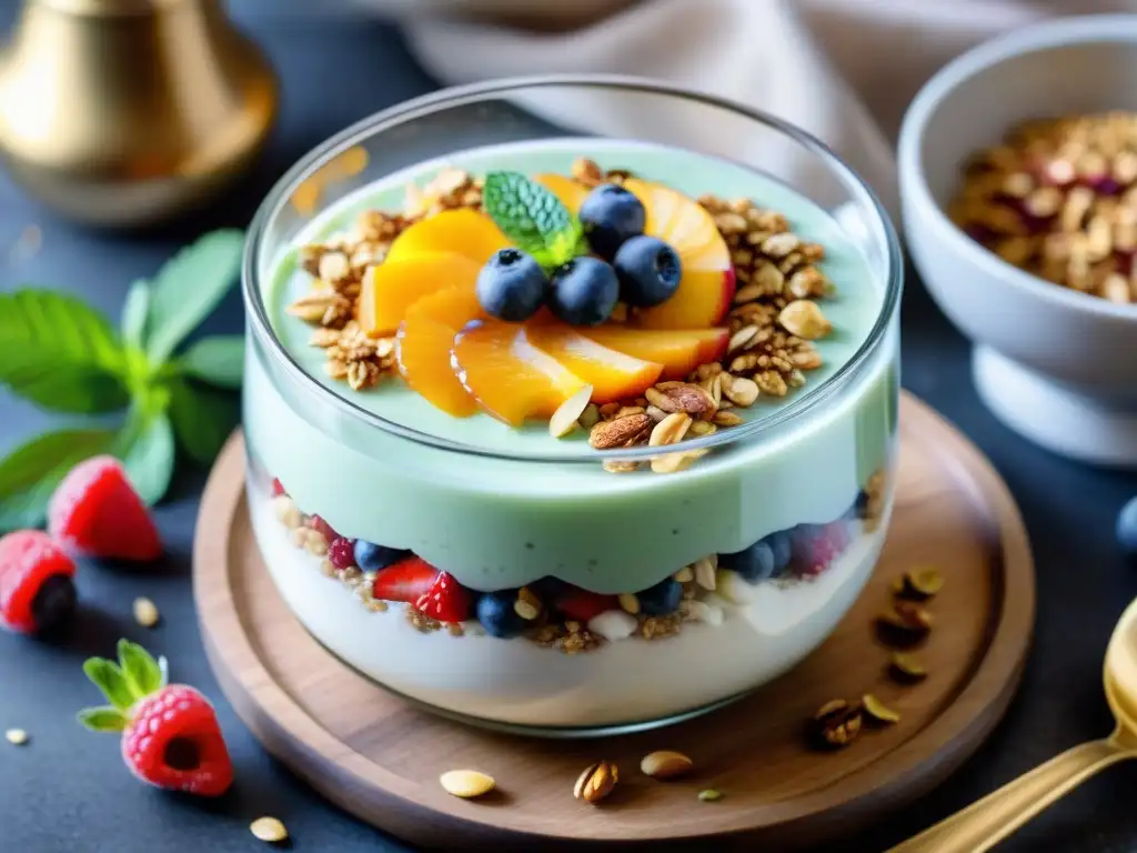 Un delicioso parfait de yogur de coco vegano y sin gluten con frutas y granola casera, energético y colorido sobre una mesa de madera rústica