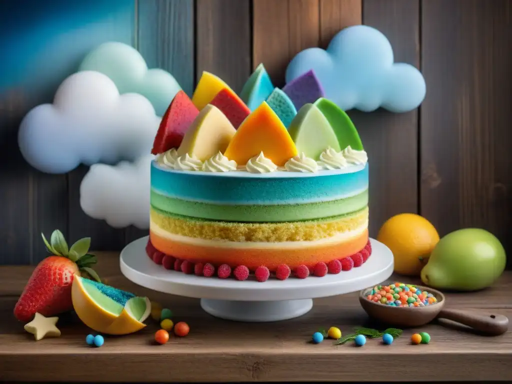 Un delicioso pastel arcoíris sin gluten con decoraciones creativas y coloridas