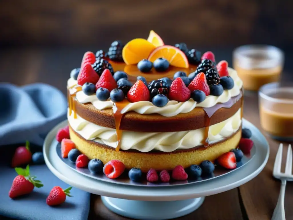 Delicioso pastel sin gluten y bajo en carbohidratos, decorado con frutas frescas y salsa de caramelo sin azúcar sobre mesa de madera rústica