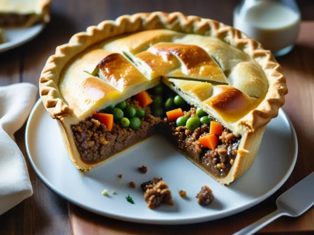 Delicioso pastel de carne sin gluten recién horneado, con corteza dorada y relleno sabroso, listo para disfrutar