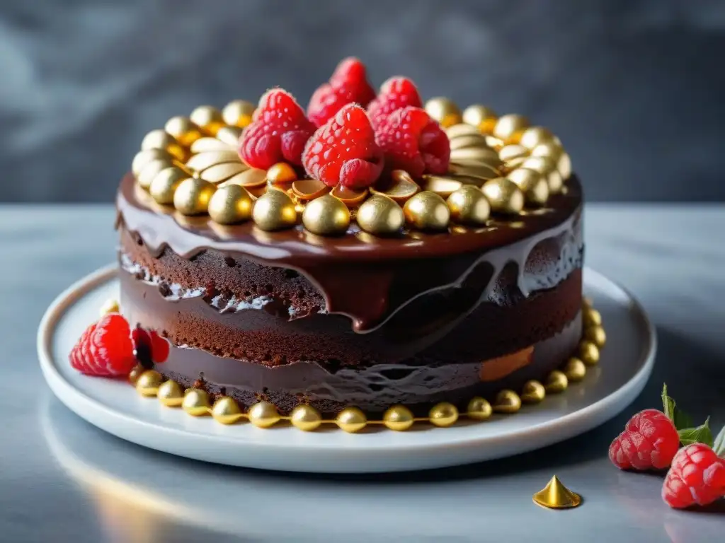 Delicioso pastel de chocolate sin gluten algarrobo con ganache y frambuesas en mármol blanco