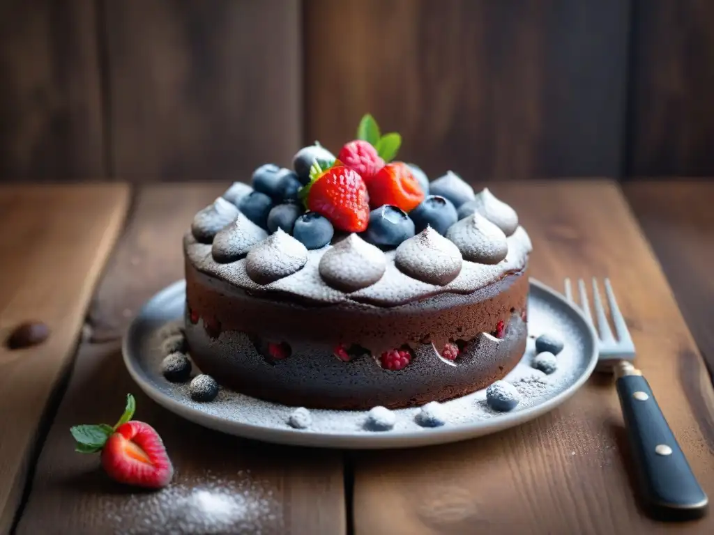 Delicioso pastel de chocolate sin gluten y bajo en carbohidratos con frutas frescas y almendras en una mesa rústica