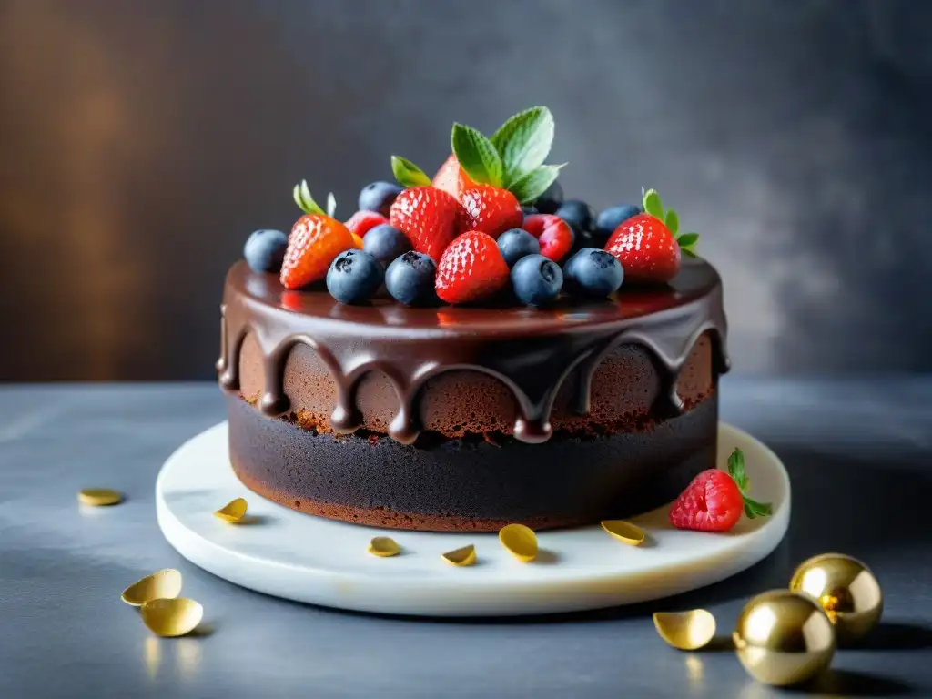 Delicioso pastel de chocolate decadente con frutas y ganache, sobre soporte de mármol, resaltando la lujosa naturaleza del postre sin gluten