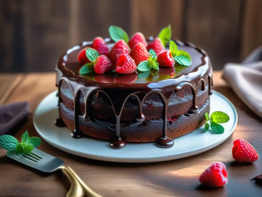 Delicioso pastel de chocolate decadente con ganache brillante, frambuesas y menta en mesa rústica