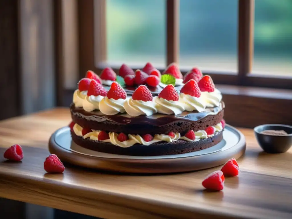 Delicioso pastel de chocolate con ganache brillante, frambuesas y nata, en mesa rústica