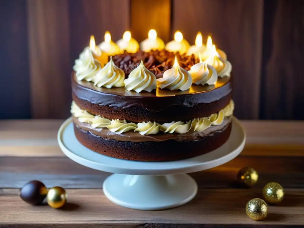 Delicioso pastel de chocolate sin gluten especiado con crema de canela, decorado con chocolate y brillo dorado en mesa de madera rústica