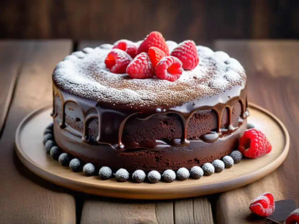 Delicioso pastel de chocolate sin gluten con frambuesas frescas y cacao en polvo, sobre mesa de madera rústica con granos de cacao esparcidos