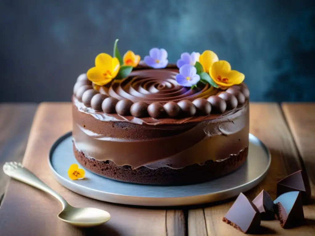 Delicioso pastel de chocolate sin gluten, decorado con flores comestibles y swirls de ganache, en una mesa rústica con habas de cacao