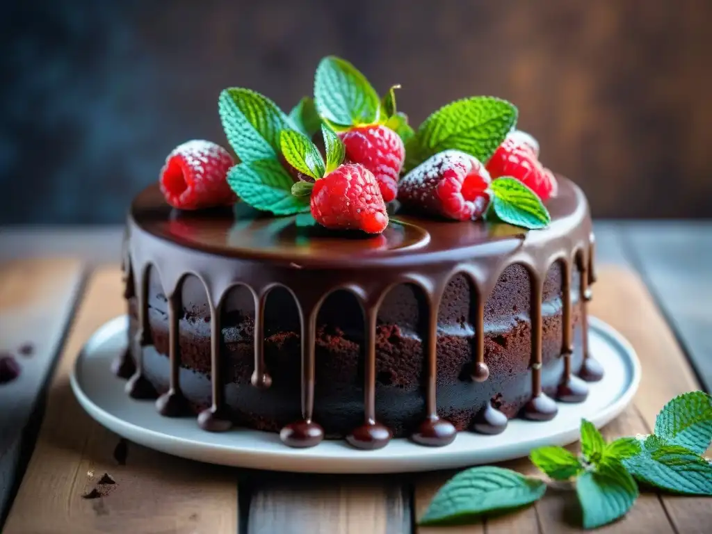 Delicioso pastel de chocolate sin gluten con ganache, frambuesas y hojas de menta