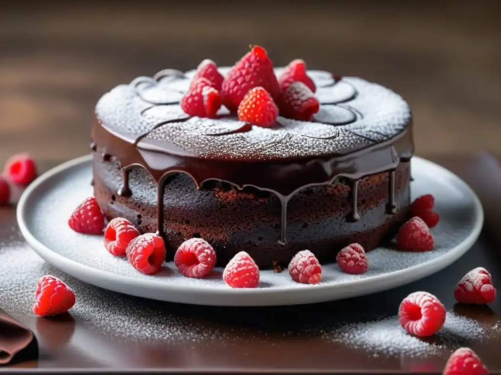 Delicioso pastel de chocolate sin gluten con frambuesas frescas y azúcar glas, servido en plato blanco