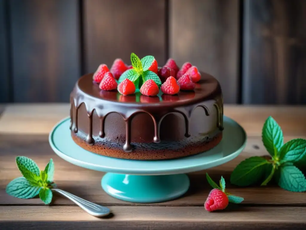 Delicioso pastel de chocolate sin gluten con ganache y frutas Delicioso pastel de chocolate sin gluten con ganache, frambuesas y menta en una mesa rústica