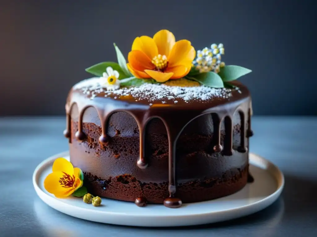 Delicioso pastel de chocolate sin gluten con ganache brillante y decoración elegante de flores comestibles