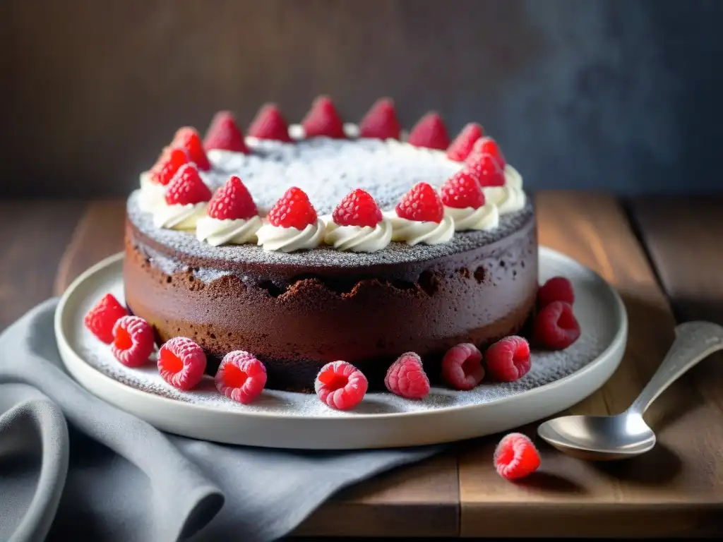 Delicioso pastel de chocolate sin gluten con frambuesas y azúcar glass