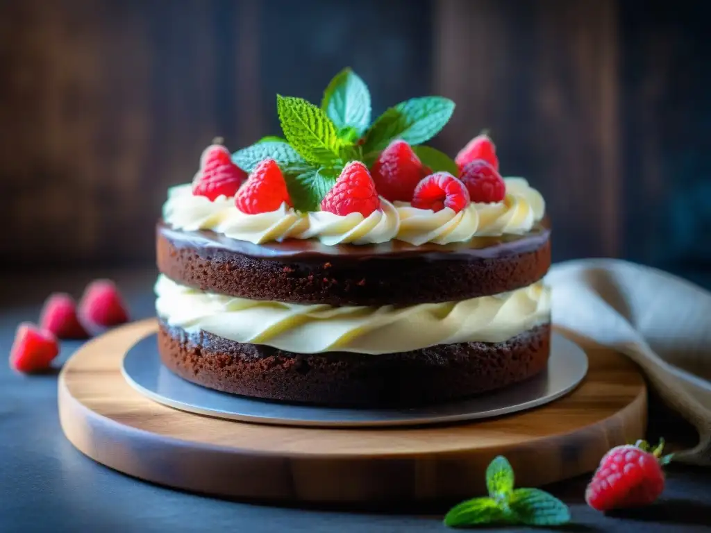 Delicioso pastel de chocolate sin gluten y leche con frosting de coco, frambuesas y hojas de menta en una base de madera rustica