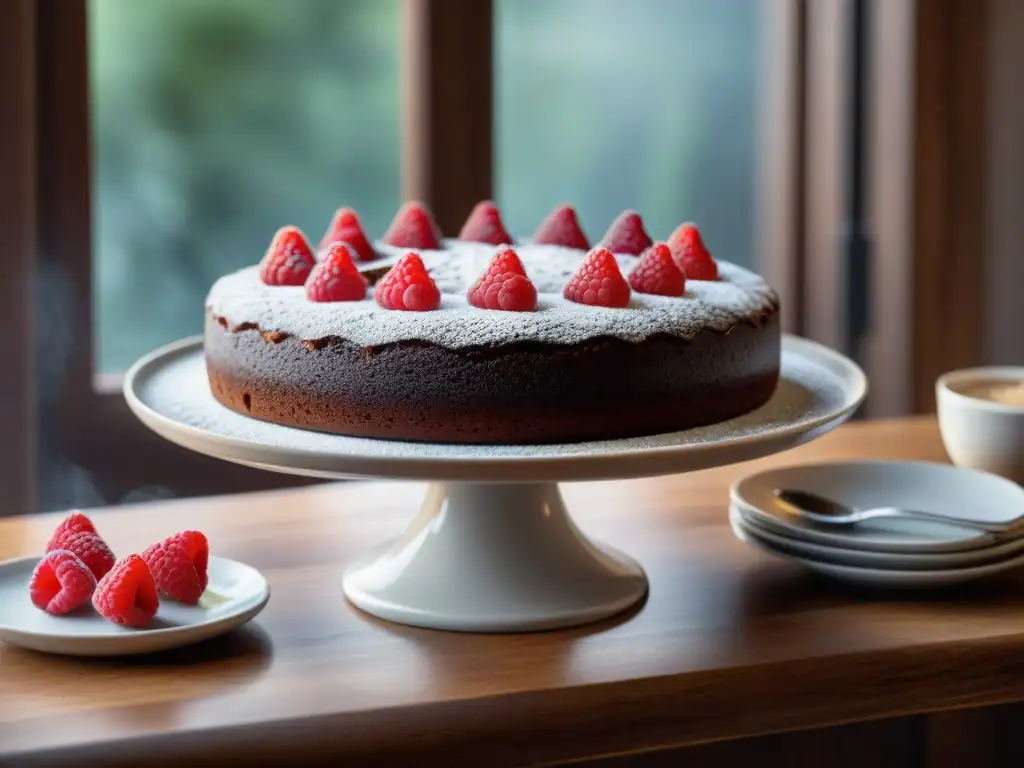 Delicioso pastel de chocolate sin gluten con frambuesas frescas y azúcar glass, en una cocina acogedora