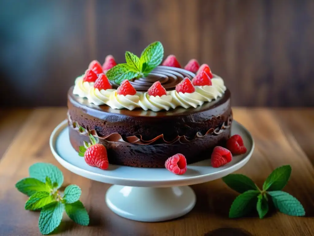 Delicioso pastel de chocolate sin gluten decorado con frambuesas y menta en una mesa rústica