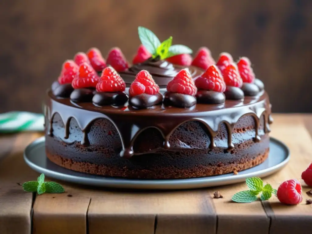 Delicioso pastel de chocolate sin gluten con ganache brillante, frambuesas frescas y hojas de menta sobre mesa de madera rústica