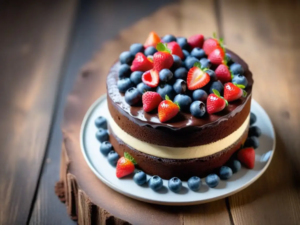 Delicioso pastel de chocolate sin gluten con bayas frescas y cacao en polvo, sobre mesa rústica