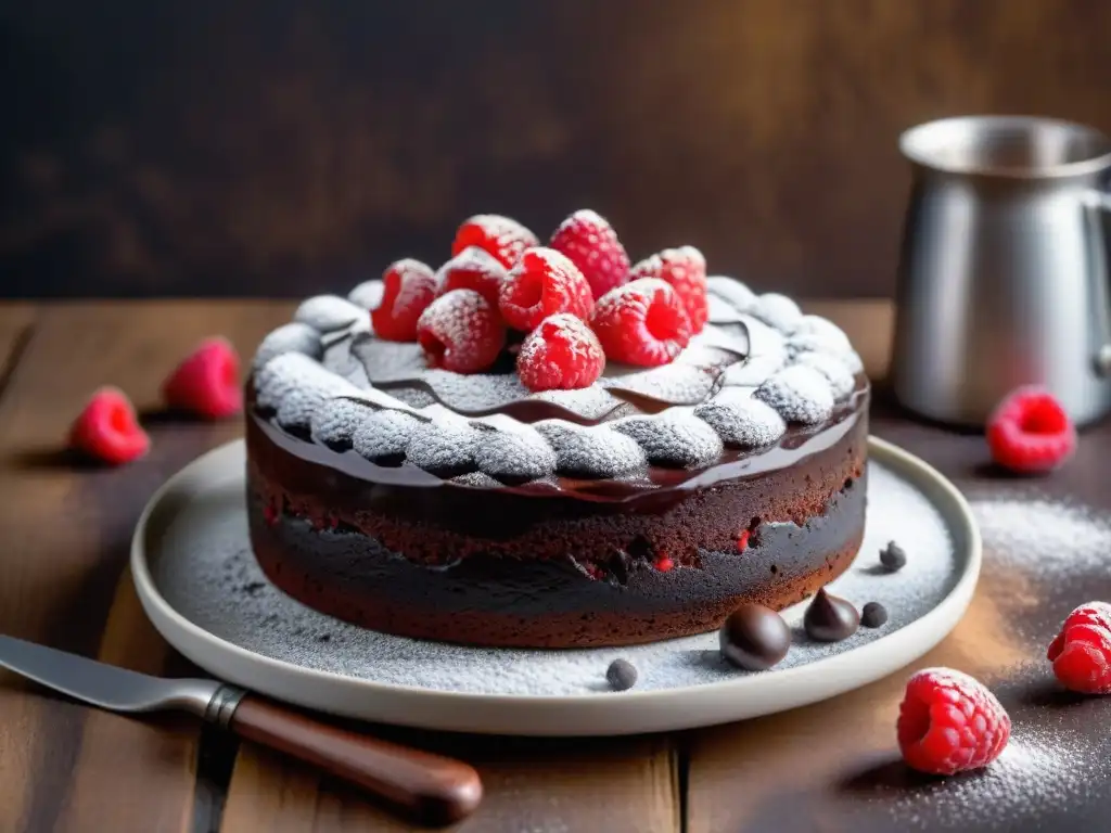 Delicioso pastel de chocolate sin harina con frambuesas y azúcar glass, ideal para Recetas de postres sin gluten