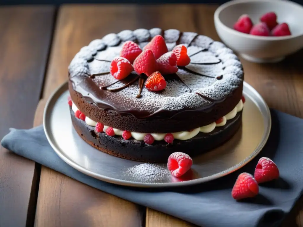 Delicioso pastel de chocolate sin harina con frambuesas frescas y azúcar glass, en mesa rústica