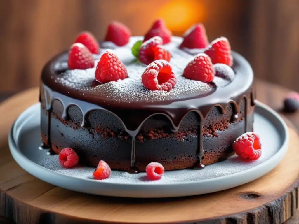 Delicioso pastel de chocolate sin harina con frambuesas frescas, ideal para endulzar recetas sin gluten