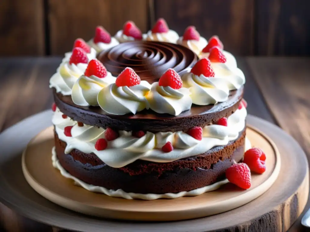 Delicioso pastel de chocolate con nata y frambuesas, opción sin gluten