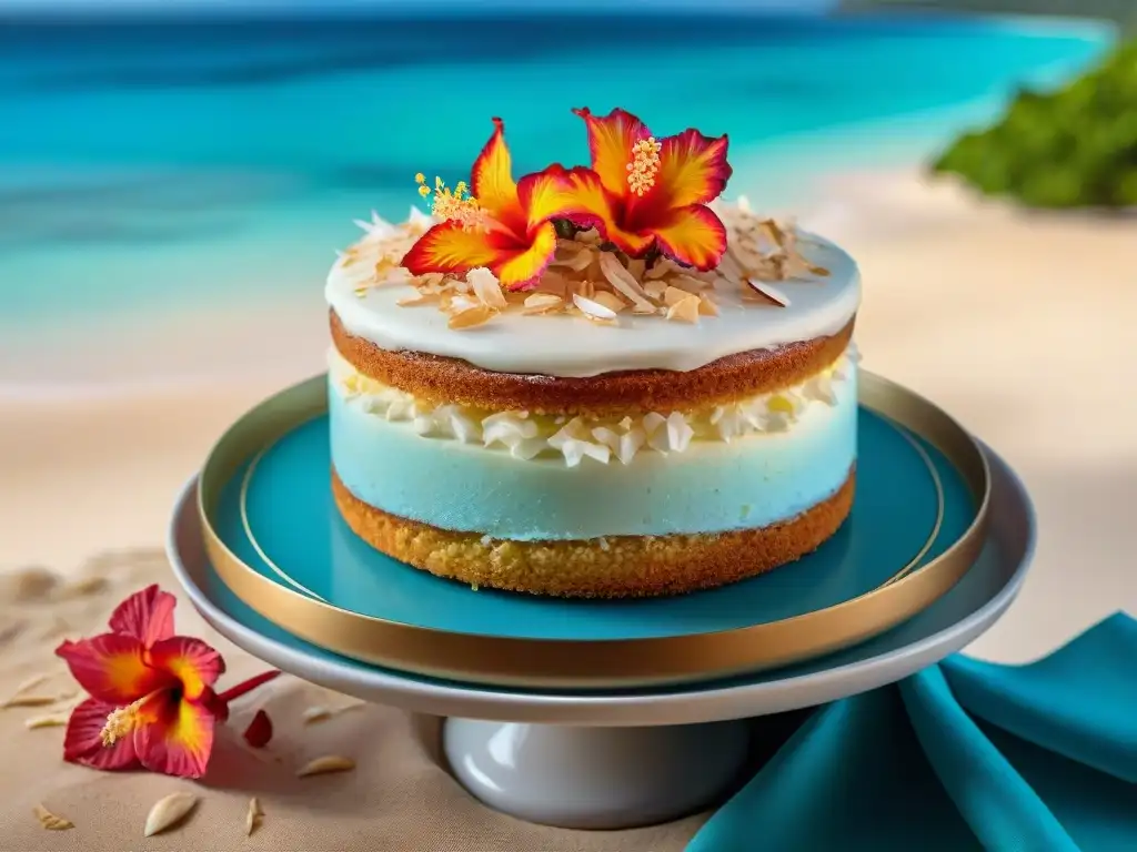 Delicioso pastel de coco sin gluten rodeado de flores tropicales en una playa paradisíaca