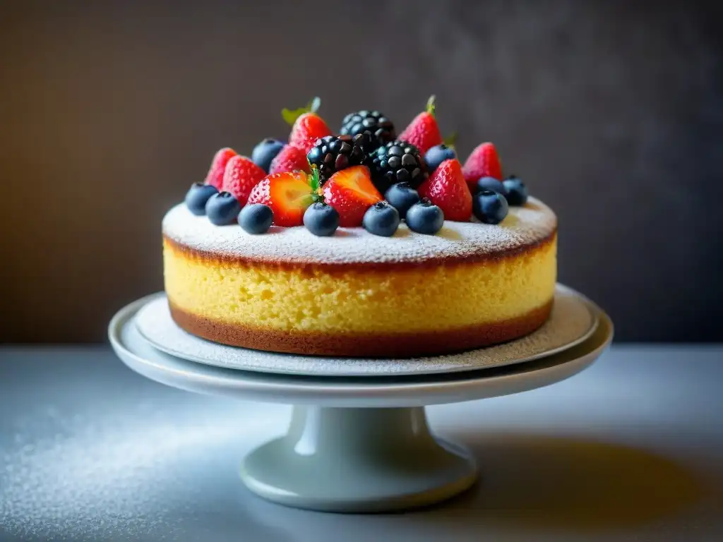 Un delicioso pastel esponjoso sin gluten, dorado y húmedo, decorado con frutas frescas y azúcar glass