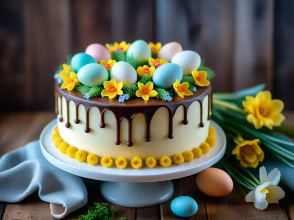 Delicioso pastel de Pascua sin gluten adornado con flores y huevos de chocolate, sobre una mesa rústica