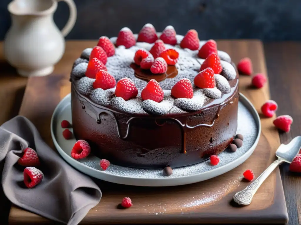 Delicioso pastel sin gluten de chocolate con ganache y frambuesas frescas en una mesa rústica