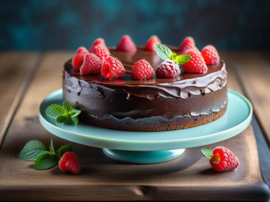 Delicioso pastel sin gluten decorado con frambuesas y menta, sobre una mesa rústica