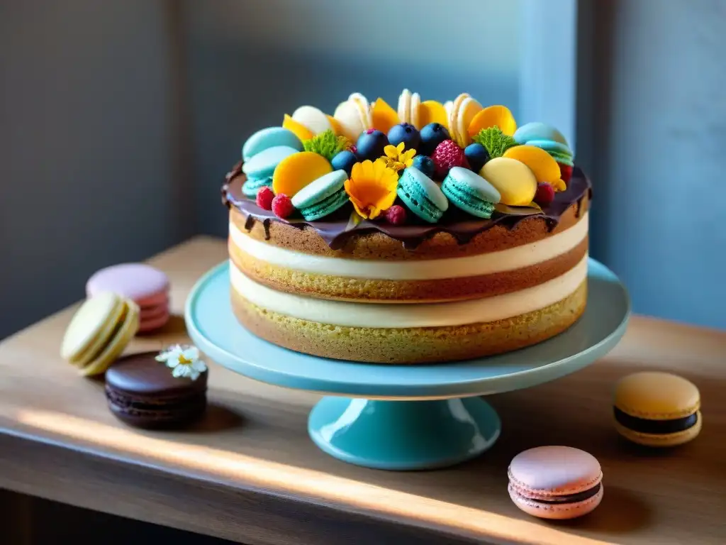 Delicioso pastel sin gluten decorado con flores comestibles, bayas frescas y chocolate, en una mesa rústica con macarons y tenedores elegantes