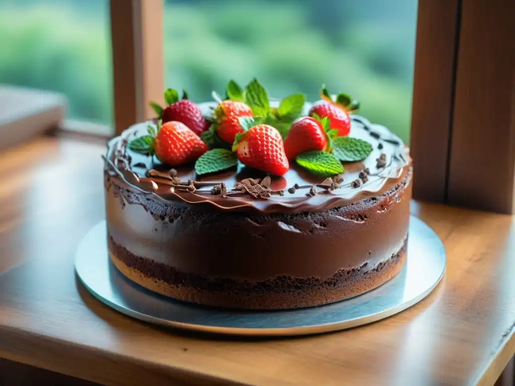 Delicioso pastel sin gluten decorado con frutos frescos y hojas de menta, en una mesa rústica