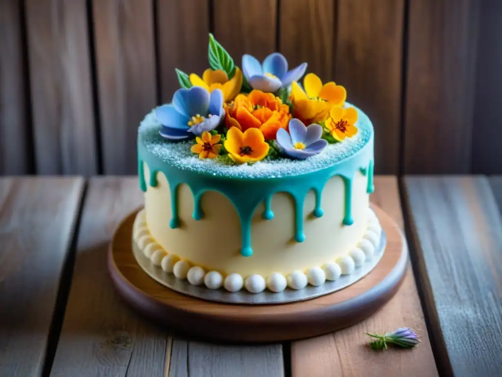 Un delicioso pastel sin gluten decorado con flores comestibles, sobre una mesa de madera rústica