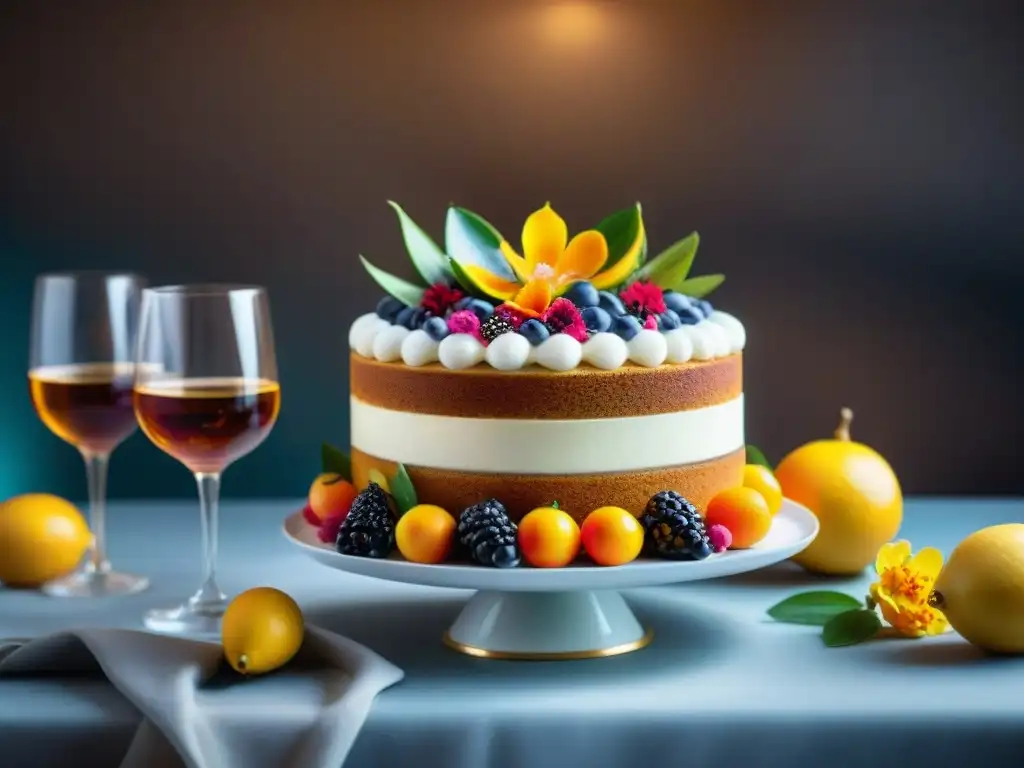 Delicioso pastel sin gluten decorado con frutas frescas y flores comestibles, ideal para ideas de aniversario sin gluten