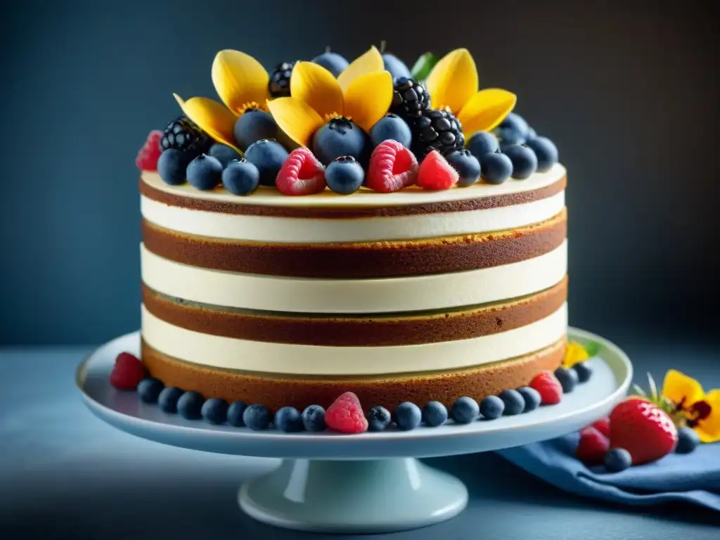 Delicioso pastel sin gluten con estructuras firmes, decorado con frutas y flores comestibles