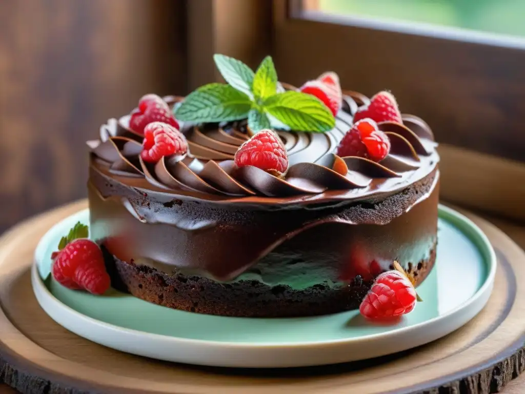 Exquisito pastel de chocolate sin gluten con frambuesas frescas y menta Delicioso pastel sin gluten con frambuesas y menta en mesa rústica