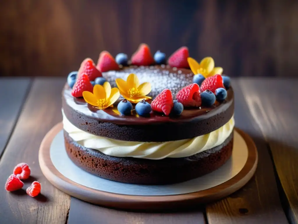 Delicioso pastel sin gluten con frambuesas y flores comestibles sobre mesa rústica