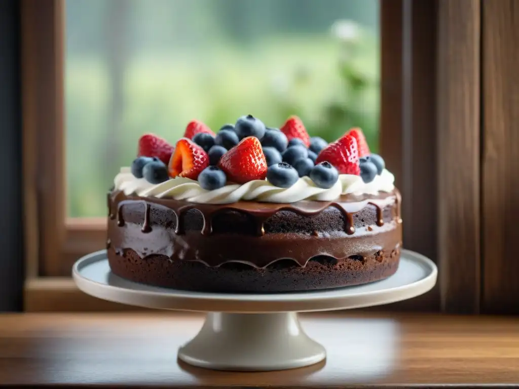 Delicioso pastel sin gluten con bayas frescas, azúcar glass y decoración elegante en mesa rústica