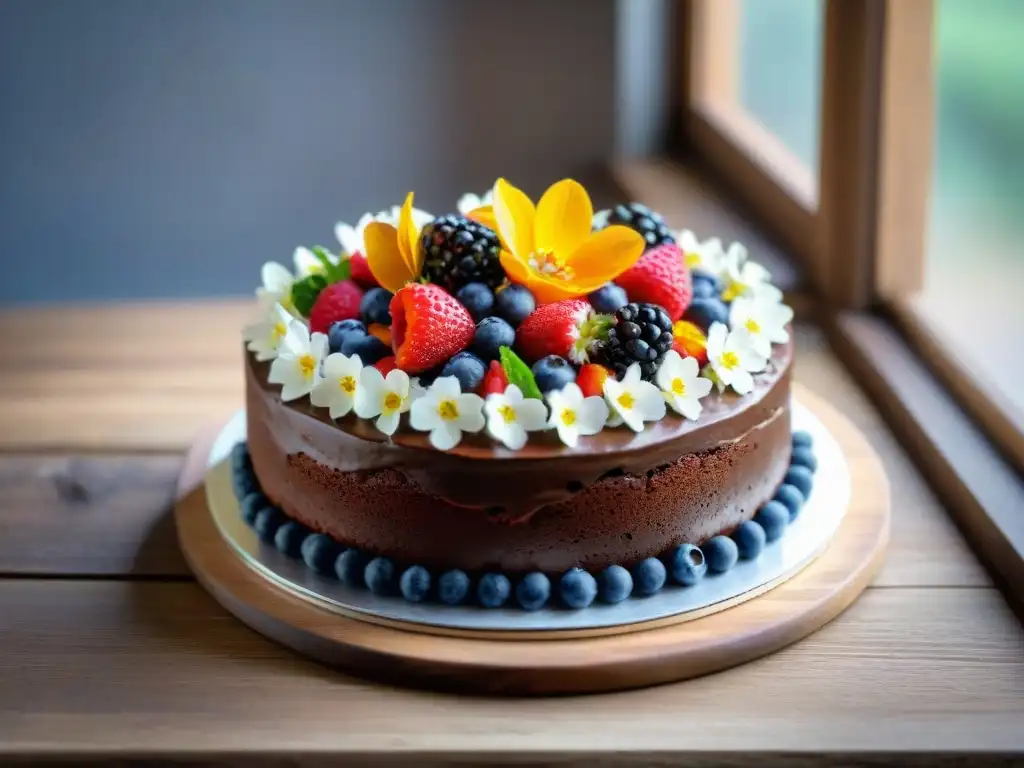 Delicioso pastel sin gluten con bayas y flores comestibles Delicioso pastel sin gluten con frutas y flores, en mesa rústica con luz natural
