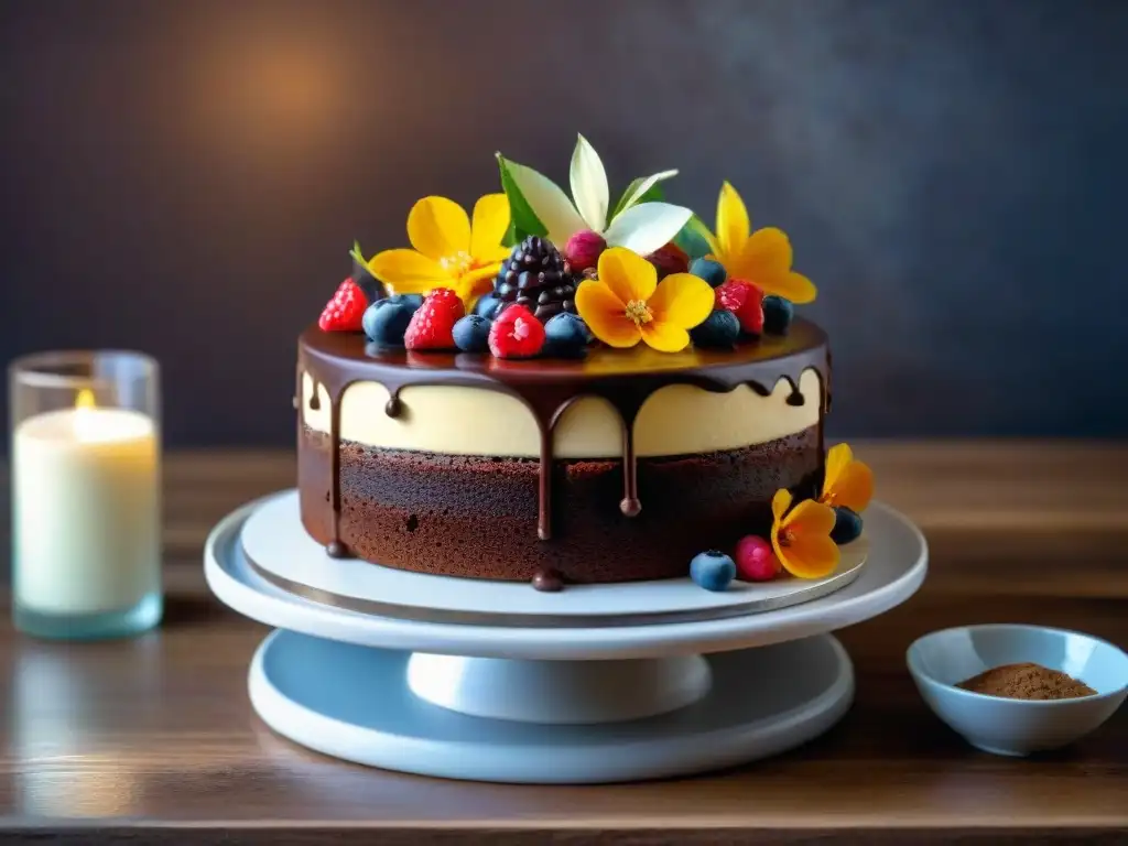 Delicioso pastel sin gluten con ganache, frutas y flores comestibles, decorado con detalle en una mesa rústica