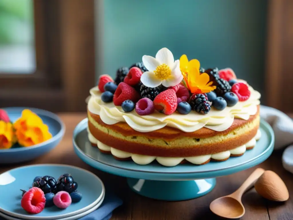 Delicioso pastel sin gluten de harina de almendra con frutas y flores comestibles en mesa rústica