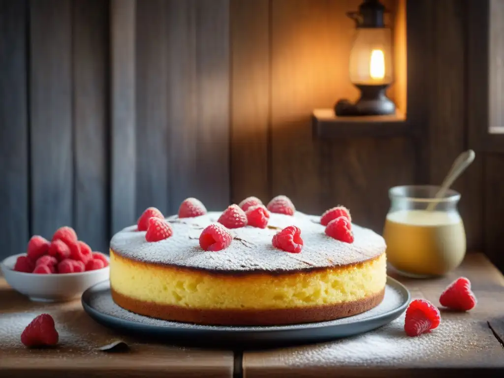 Un delicioso pastel sin gluten de harina de almendras equilibra humedad, adornado con frambuesas y azúcar glass sobre mesa rústica