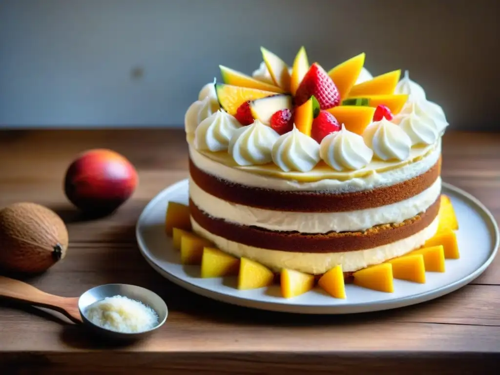 Delicioso pastel sin gluten con coco, mango y piña en una mesa rústica bajo luz natural suave