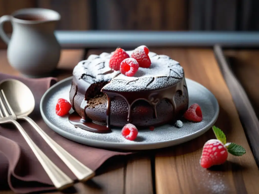 Delicioso pastel de lava de chocolate con frambuesas frescas y azúcar glas, ideal para postres sin gluten fáciles