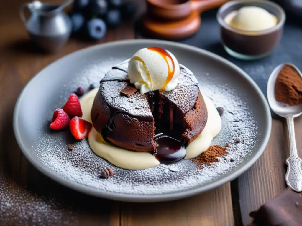 Delicioso pastel de lava de chocolate sin gluten vegano con helado de vainilla, frutas y azúcar glas, en una mesa rústica