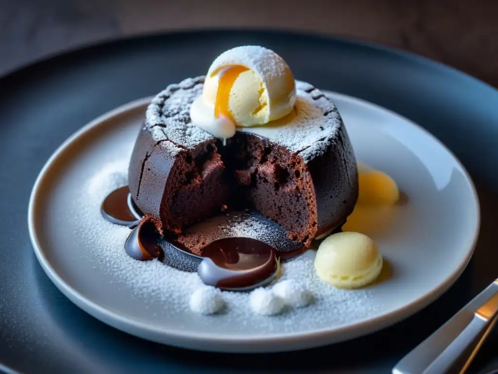 Un delicioso pastel de lava de chocolate sin gluten, acompañado de helado de vainilla cremoso, en un plato blanco sobre fondo oscuro