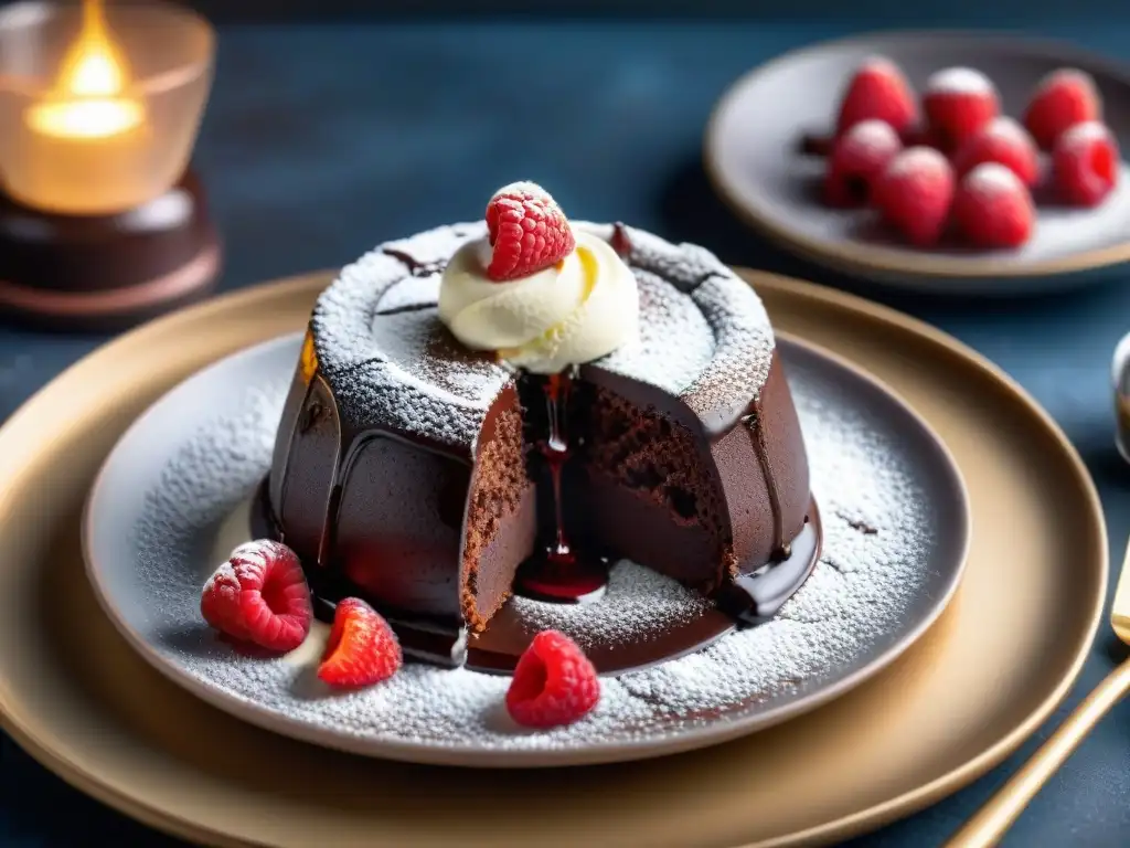 Delicioso pastel de lava de chocolate con helado de vainilla y frambuesas frescas en plato elegante